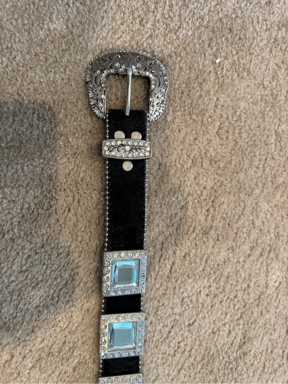 Embellished Black Western-Style Belt with Rhinestone Buckle